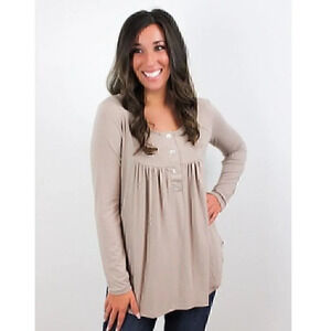 Long Sleeve Babydoll Button Front Top - Ash Mocha